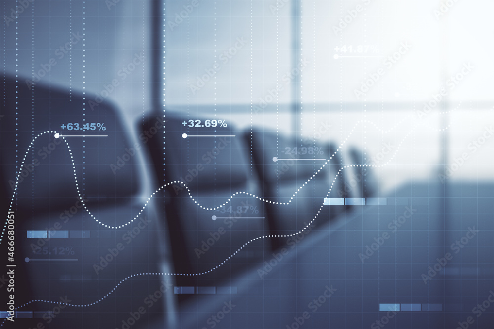 Poster abstract virtual analytics data spreadsheet on a modern coworking room background, analytics and ana