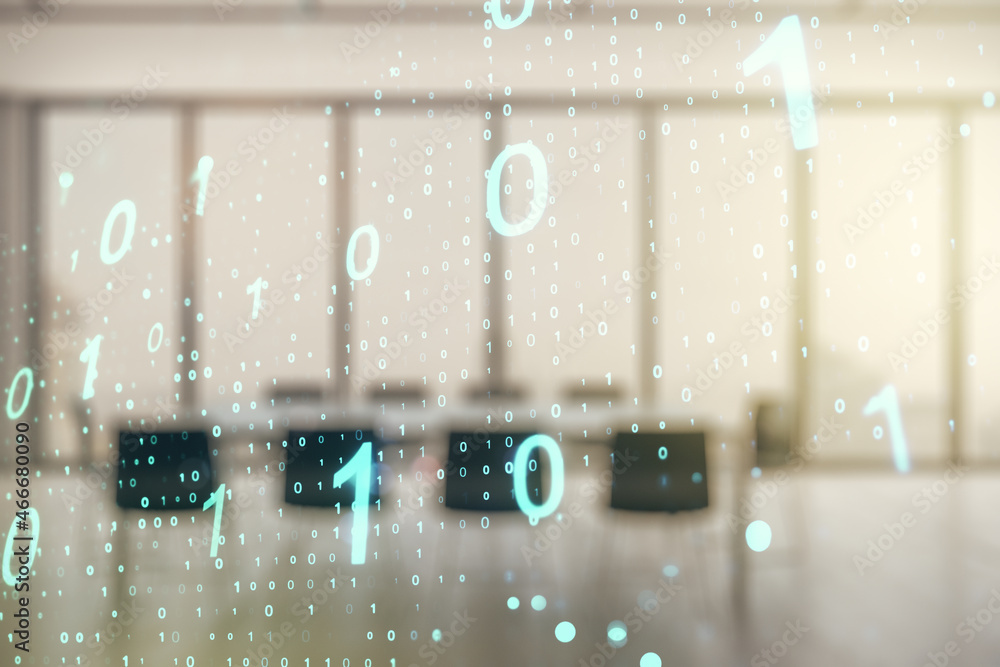 Poster abstract virtual binary code sketch on a modern boardroom background, hacking and matrix concept. mu