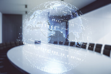 Multi exposure of abstract graphic coding sketch and world map on a modern furnished classroom background, big data and networking concept