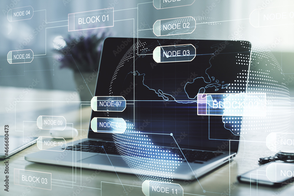 Poster double exposure of abstract programming language with world map on laptop background, research and d