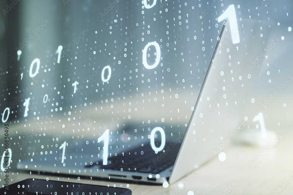 Leinwandbilder Double exposure of creative abstract binary code hologram on laptop background. Database and programming concept