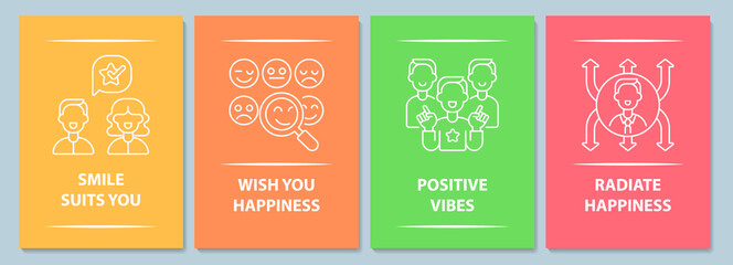 Happy and positive messages postcard with linear glyph icon set. Greeting card with decorative vector design. Simple style poster with creative lineart illustration. Flyer with holiday wish pack