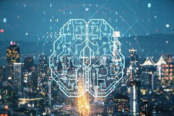 Double exposure of creative artificial Intelligence interface on San Francisco city skyscrapers background. Neural networks and machine learning concept