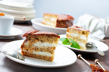Fresh and homemade baked pie with banana and chocolate.