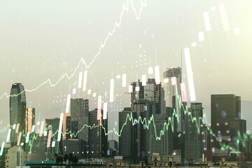 Abstract virtual financial graph hologram on Los Angeles cityscape background, financial and trading concept. Multiexposure