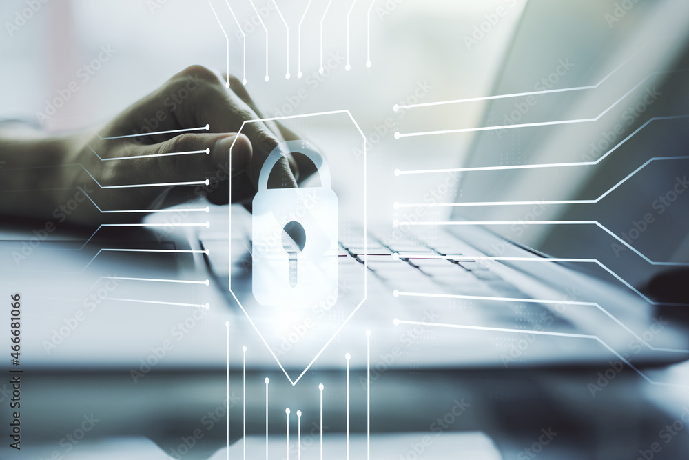 Aufkleber double exposure of creative lock hologram with chip and hands typing on laptop on background. inform