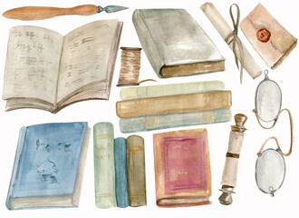 Watercolor drawing of vintage books