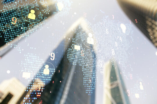 Virtual social network hologram and world map on office buildings background. Multiexposure