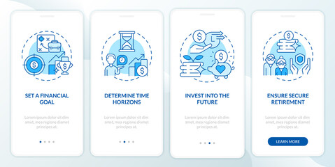 Fototapeta na wymiar Retirement plan onboarding mobile app page screen. Preparation period for pension walkthrough 4 steps graphic instructions with concepts. UI, UX, GUI vector template with linear color illustrations