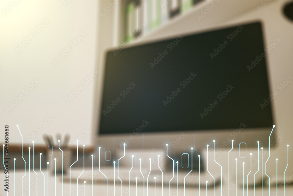 Poster Creative abstract micro circuit sketch and modern desk with computer on background, future technology and AI concept. Double exposure