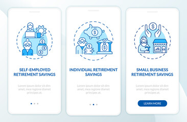 Saving options onboarding mobile app page screen. Self-employed retirement savings walkthrough 3 steps graphic instructions with concepts. UI, UX, GUI vector template with linear color illustrations