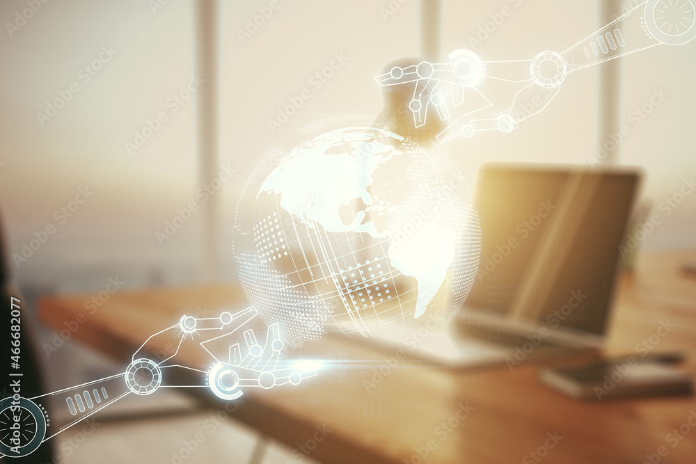 Aufkleber creative abstract robotics technology sketch with globe on modern laptop background, future technolo