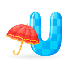Kids banner with english alphabet letter U and cartoon image of bright opened decorated umbrella. © Ekaterina