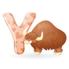 Kids banner with english alphabet letter Y and cartoon image of large animal yak with horns and long hair.