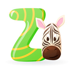 Fototapeta na wymiar Kids banner with english alphabet letter Z and cartoon image of striped zebra head