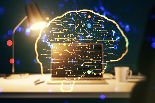 Double exposure of creative artificial Intelligence symbol with modern laptop on background. Neural networks and machine learning concept - Powered by Adobe