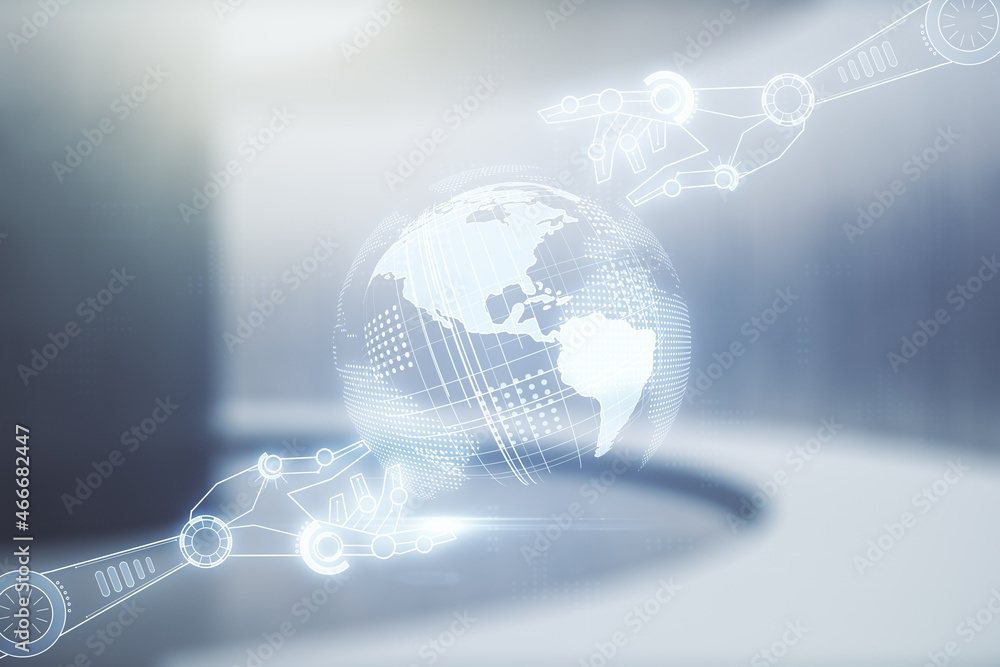 Aufkleber double exposure of abstract virtual robotics technology with world map hologram on empty modern offi