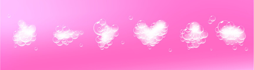 Soap foam pieces with bubbles isolated on pink background. Top view of sparkling shampoo and bath lather clouds. Vector.