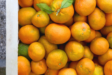 Wooden crate filled with fresh tangerines. Top view.