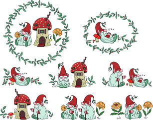 Fototapeta premium Cute gnomes with flowers and a mushroom house. 8 isolated compositions for postcards, T-shirts, embroidery, emblems, stickers.