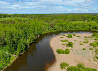 Aerial view of a small beach and Velikaya river (Yurya, Kirov region, Russia)