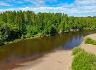 Aerial view of the Velikaya river and forest (Yurya, Kirov region, Russia)