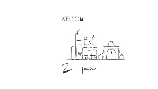 Animated self drawing of one continuous line draw Zapopan city skyline Mexico. Beautiful landmark postcard print. World landscape tourism travel vacation. Editable full length single line animation.