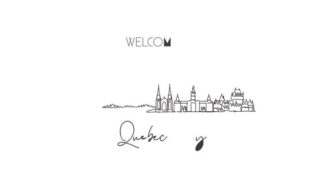Animated self drawing of single continuous line draw Quebec skyline, Canada. Famous city scraper landscape. World travel destination postcard print concept. Editable full length one line animation.