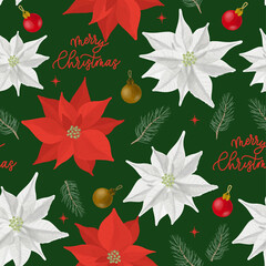 Fototapeta na wymiar Christmas poinsettia flower and pine branch seamless pattern. Watercolor style plants on white background. Collection for holiday banners. Home floral decoration.