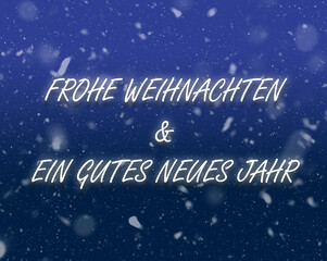 Frohe Weihnachten und ein gutes neues Jahr. Grußkarte mit Schnee. Deutsch