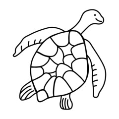 Cute turtle, linear drawing, coloring book for children. Hand-drawn doodle art. Turtle, abstract sea character with flippers and shell. Ocean animal, vector illustration. Sketch with black lines.
