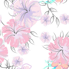 Pink Flowers Blooming Pattern. Pastel Watercolor.