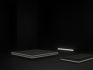 Black geometric stage podium with white neon light. Dark background.