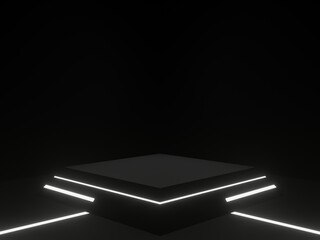 Black geometric stage podium with white neon light. Dark background.