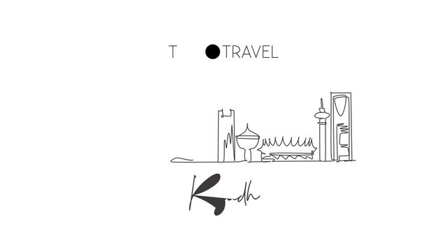 Animated self drawing of single continuous line draw Riyadh skyline, Saudi Arabia. Famous city scraper landscape. World travel concept wall decor home art poster print. Full length one line animation.