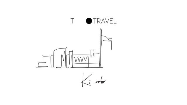 Animated self drawing of continuous line draw Kigali city skyline, Rwanda. Famous city scraper and landscape home wall decor poster print art. World travel concept. Full length one line animation.