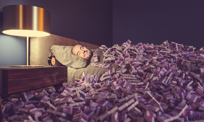 man sleeping in bed covered with euro money.