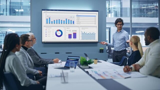 Office Conference Room Meeting Presentation: Latin Businessman Talks, Uses Wall TV to Show Company Growth with Big Data Analysis, Graphs, Charts, Infographics. Multi-Ethnic e-Commerce Startup Workers