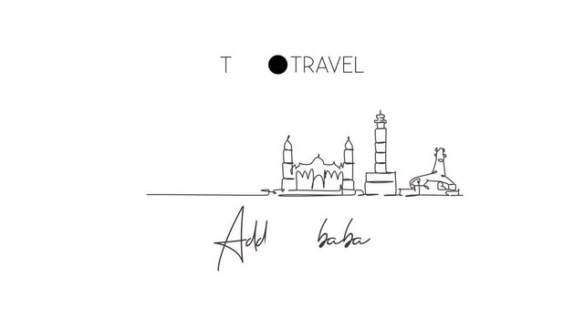 Animated self drawing of continuous line draw Addis Ababa city skyline, Ethiopia. Beautiful landmark postcard. World landscape tourism travel vacation. Full length single line animation illustration.