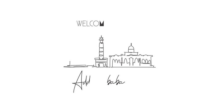 Animation of one line drawing of Addis Ababa city skyline, Ethiopia. Historical town landscape home wall decor poster. Best holiday destination. Continuous line self draw animated. Full length motion.
