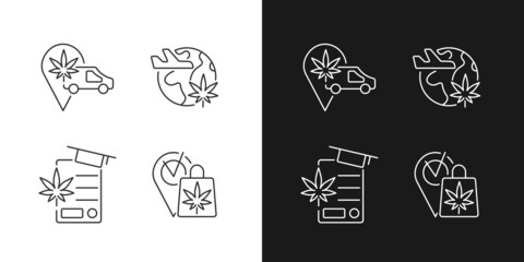 Worldwide cannabis industry linear icons set for dark and light mode. Marijuana transportation. Travel industry. Customizable thin line symbols. Isolated vector outline illustrations. Editable stroke