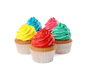 Different delicious colorful cupcakes on white background