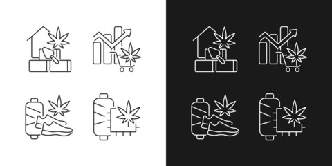 Cannabis products linear icons set for dark and light mode. Hempcrete material. Global legal marijuana market. Customizable thin line symbols. Isolated vector outline illustrations. Editable stroke