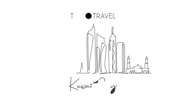 Animated self drawing of continuous line draw Kuwait City skyline, Kuwait. Beautiful city landmark. World landscape tourism and travel vacation. Editable full length single line animation illustration