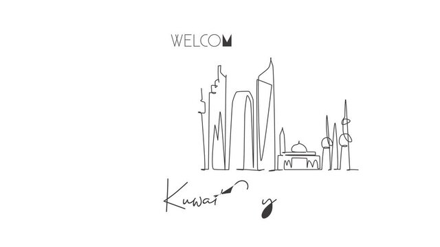 Animated self drawing of continuous line draw Kuwait city skyline Middle East. Famous city scraper and landscape home decor wall poster print. World travel concept. Full length one line animation.