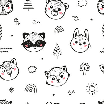 Cartoon Cute Animal Faces Vector Seamless Black and White Pattern. Doodle Forest Animals: Bear, Fox, Hare, Owl, Raccoon and Wolf. Woodland Baby Background.