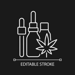 Fototapeta premium Hemp oil tincture white linear icon for dark theme. Marijuana extract. Medicinal cannabis. Thin line customizable illustration. Isolated vector contour symbol for night mode. Editable stroke