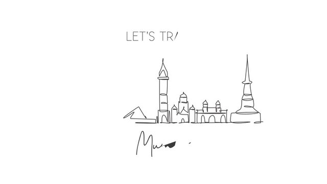 Animated self drawing of single continuous line draw Mumbai city skyline, India. Famous city scraper and landscape postcard. World travel concept. Editable full length one line animation illustration.