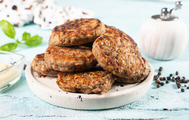 Delicious homemade cutlets in bowl. chiocken cutlets. fried cutlets