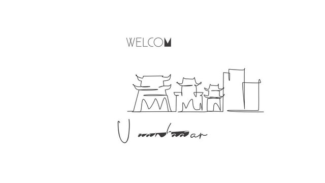 Animation of one line drawing of Ulaanbaatar city skyline, Mongolia. Historical town landscape in the world. Best holiday destination. Editable continuous line self draw animated. Full length motion.